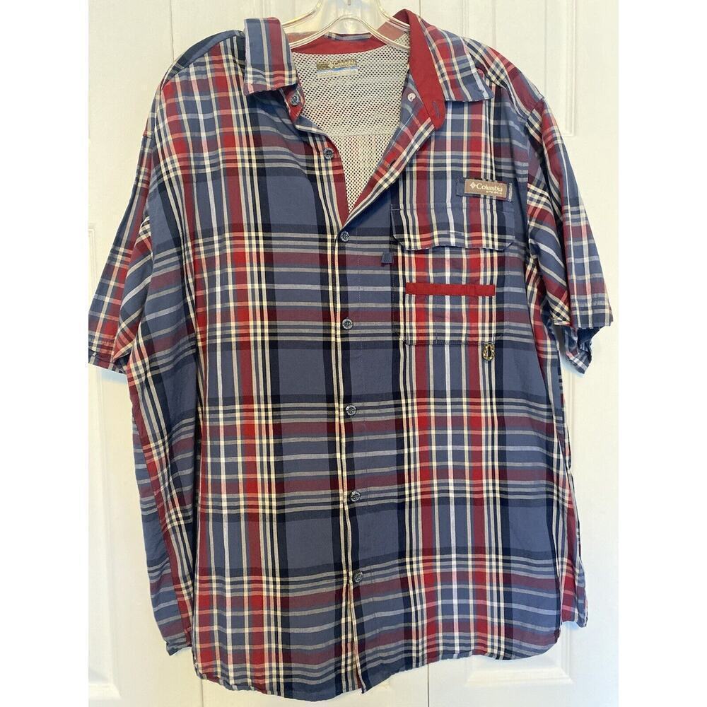 Columbia Shirt PHG Mens Lg Red Blue Hunting Vented Plaid Performance